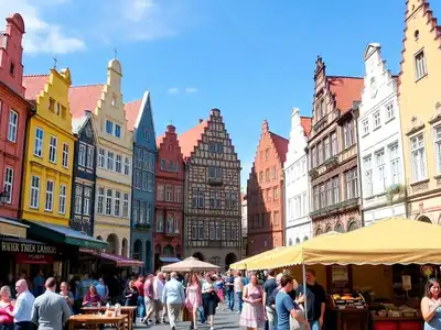 Colorful buildings and market scene in Wrocław, Poland.