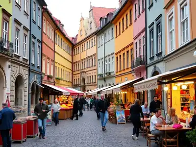 Colorful historic buildings and market stalls in Lublin, Poland.