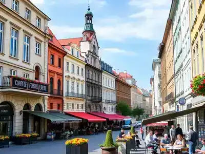 Colorful street scene in Warsaw with historic buildings.