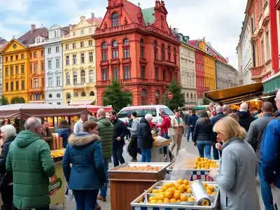 Historic buildings and tourists enjoying Polish cuisine in Warsaw.