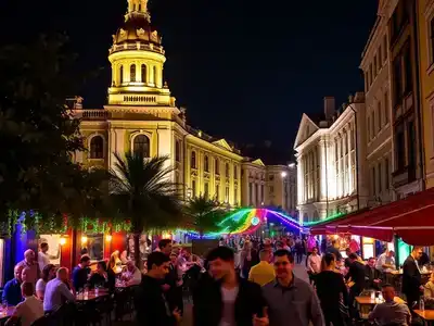 Warsaw’s lively nightlife with bustling streets and colorful lights.