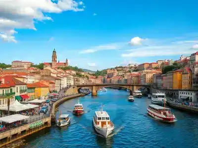 Colorful Porto riverside with bridges and lively cafes.