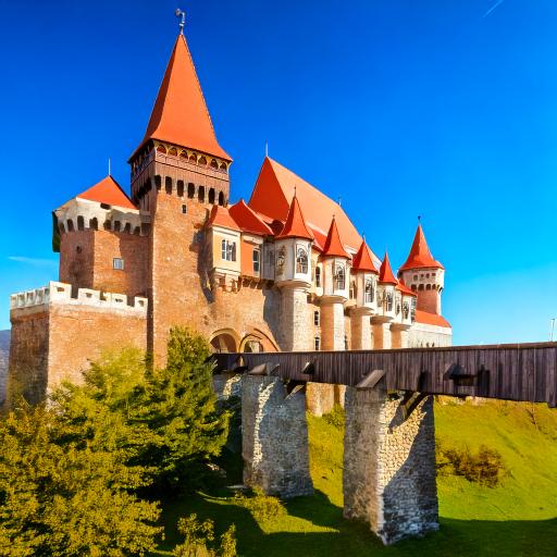 Corvin Castle Romania with a clear blue sky