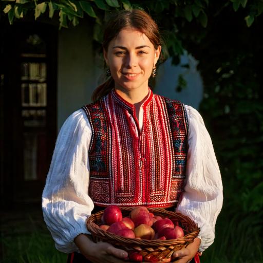 Serbian girl in traditional dress offering a bowl of fruit