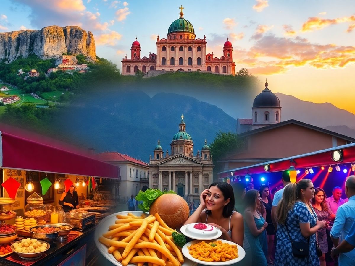 Collage of Serbia's landscapes, food, and nightlife experiences.