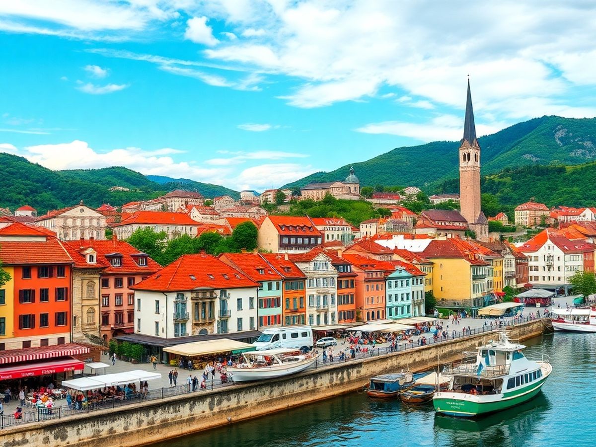 Colorful Slovenian landscape with hills, buildings, and people