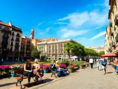 Outdoorxxx Barcelona scene with couples, families, and elderly enjoying day.