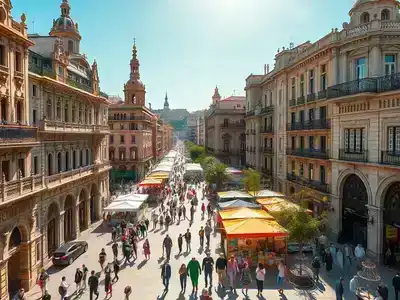 Vibrant Barcelona streets with modernist and historic buildings under sunlight.