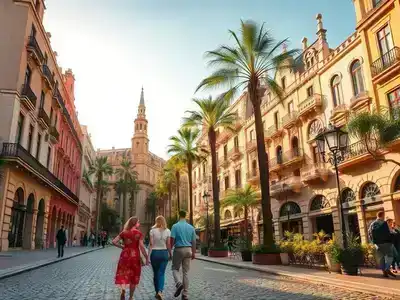 Couple walking on vibrant Barcelona street with scenic modern architecture.