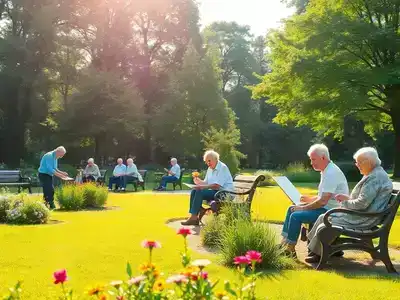 Elderly people enjoying activities in a sunny park.