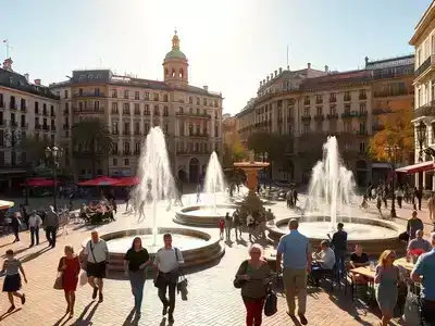 Sunlit Madrid plaza and fountain with couples, families, and retirees strolling outdoors.