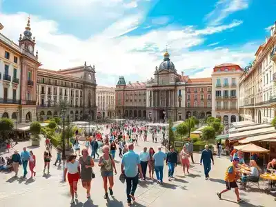 Historic Madrid streets with vibrant cafes and lively market scenes.