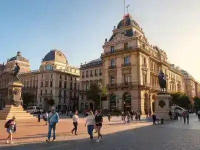 Madrid cityscape with historic buildings, plazas, and lively outdoor sculptures.