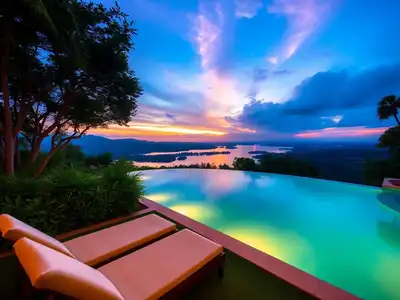 Luxury infinity pool with sunset view and lush surroundings.