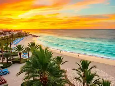 Stunning beach resort in Spain with sunset and palm trees.