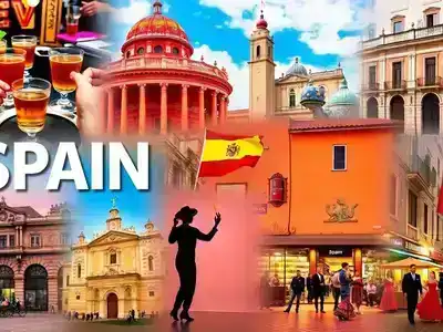 Collage of Spanish food, culture, and lively attractions.