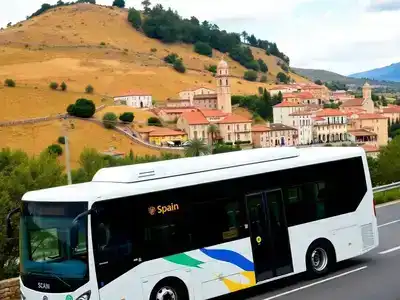 A bus on a scenic road in Spain.