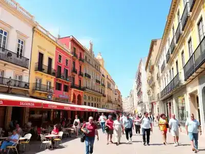 Busy Spanish street with tourists and accessible pathways.