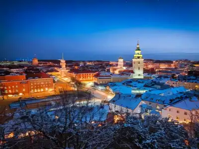 Snow covered Gothenburg city,  Sweden, by night