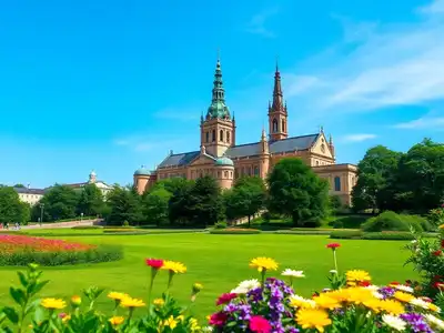 Historic Uppsala Cathedral with lush greenery and clear sky.