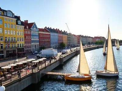 Colorful waterfront buildings and sailboats in Malmö.