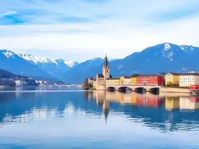 Lucerne’s Chapel Bridge and mountain backdrop on Lake.