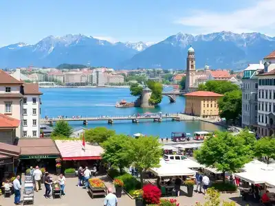 Zurich cityscape with lake, mountains, and lively streets.