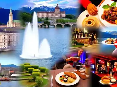 Collage of Geneva's landmarks, cuisine, and nightlife.