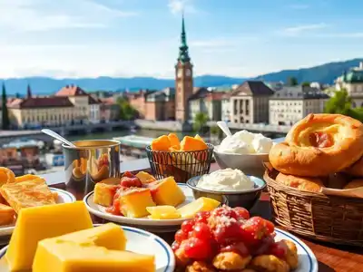 Delicious Swiss dishes with Zurich’s buildings in background.