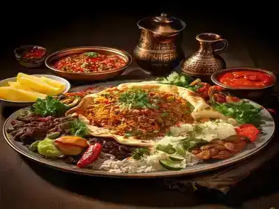 A large platter of traditional Turkish food