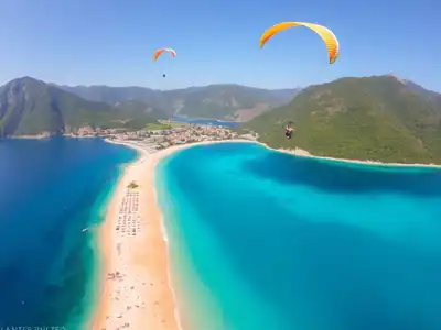 Aerial view of Oludeniz Beach with clear turquoise waters.