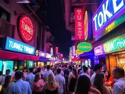 Vibrant nightlife in Turkey with lively crowds and lights.