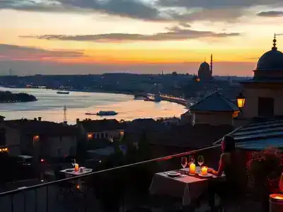 A romantic couple dining under Istanbul twilight sky, outdoors together.