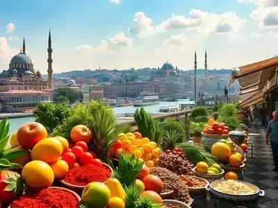 Colorful Istanbul street scene with food, architecture, and lively bustle.