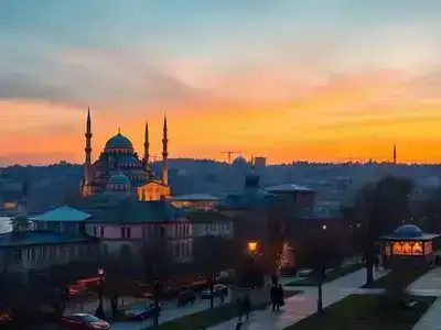  Istanbul skyline at sunset with ancient mosques and vibrant streets.