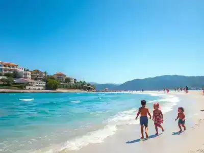 Family enjoying Antalya beach with turquoise sea and Mediterranean views