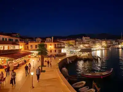 Vibrant Antalya night scene with lively waterfront and vivid architecture