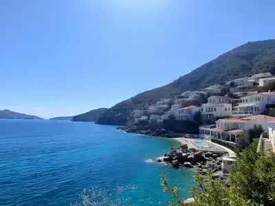 Scenic coastal view of Kalkan, Turkey with villas.