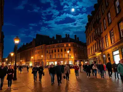 Edinburgh vibrant night scene with couples, families, and seniors strolling