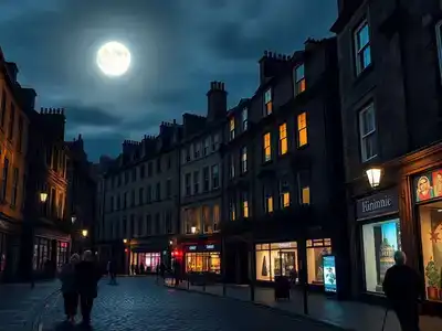 Moonlit Edinburgh streets with elderly couples enjoying vibrant cultural heritage.