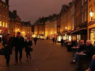 Edinburgh nighttime scene with vibrant couples, families, and elderly outdoors