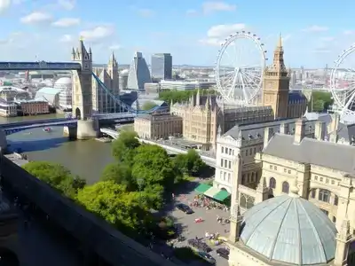  Panoramic view of London landmarks with families enjoying