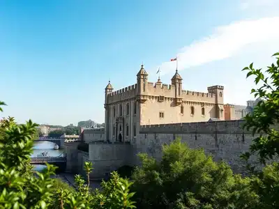 Historic Tower of London with stone walls and greenery.