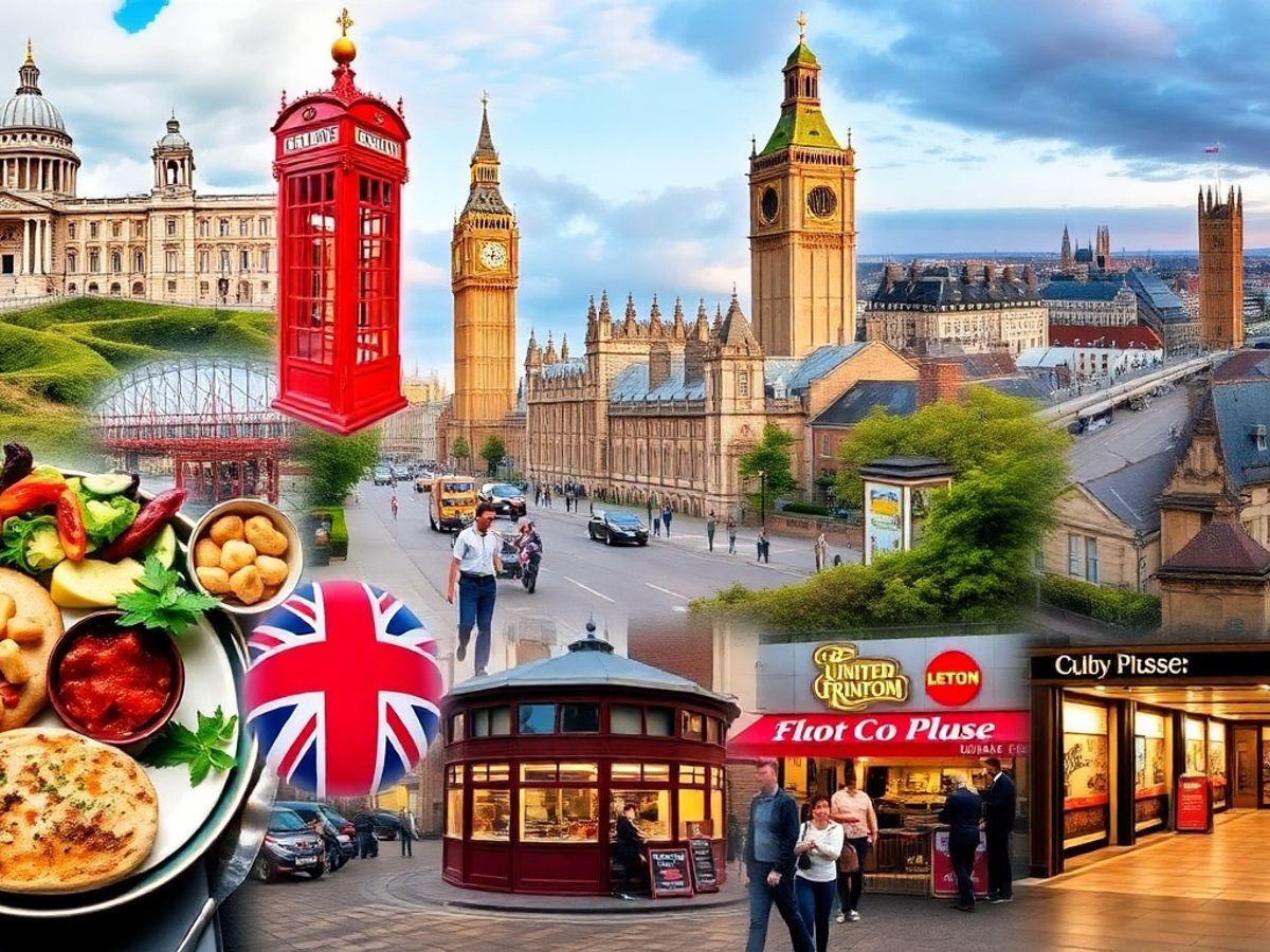 Collage of famous UK landmarks including Big Ben and Stonehenge