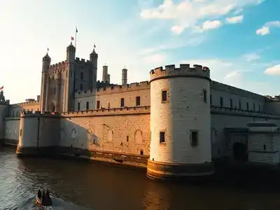 Historic Tower of London with stone walls and towers.